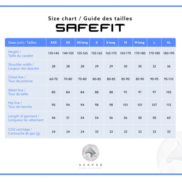 Gilet Airbag Seaver Safe It Crystal Rain guide des tailles