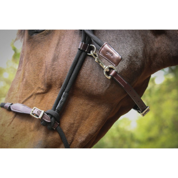 Licol Canter en cuir avec muserolle en corde pour cheval